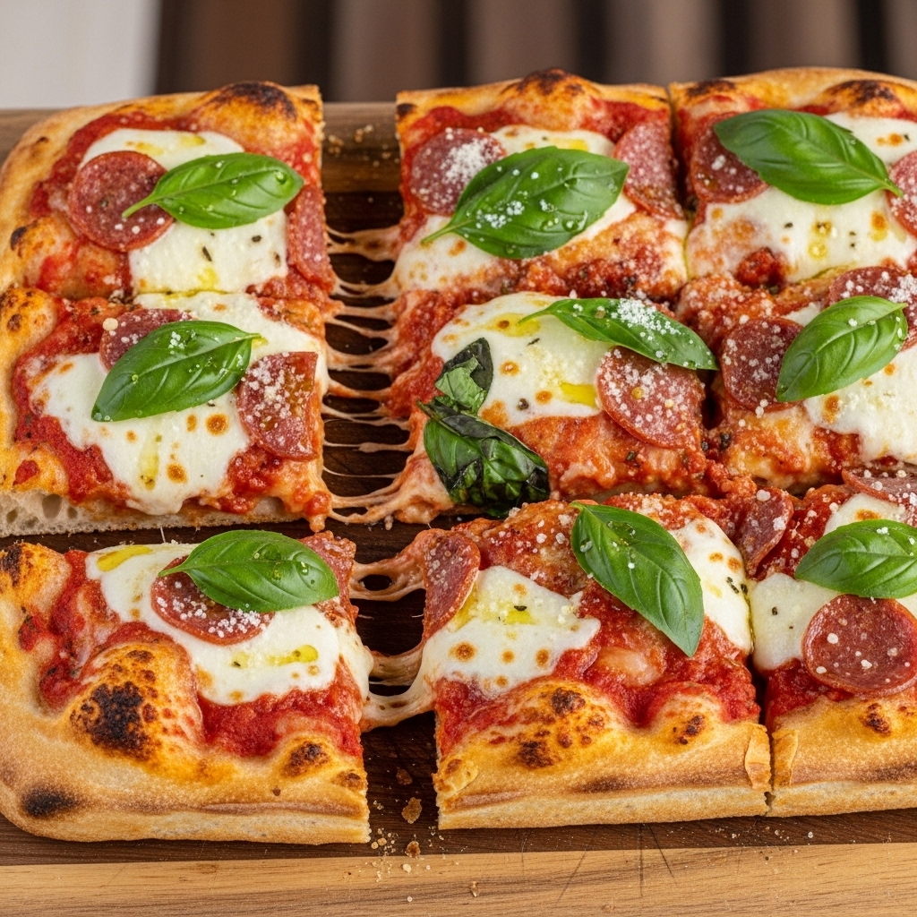 Sicilian deep dish and specialty pizzas including white pizza and caprese